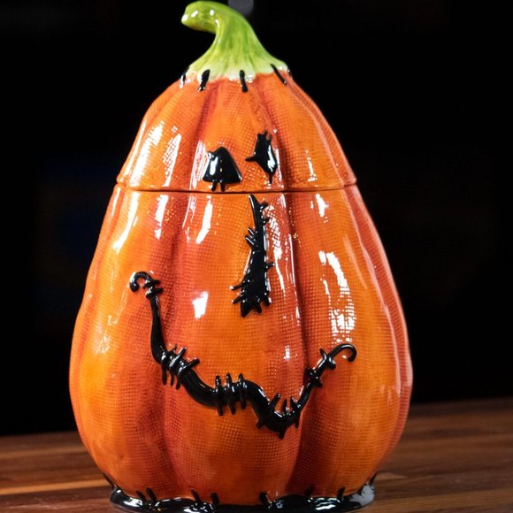 Blue Sky Other - 🎃 NEW - STITCHED  Cute Ceramic Halloween PUMPKIN CANISTER / COOKIE JAR 🎃